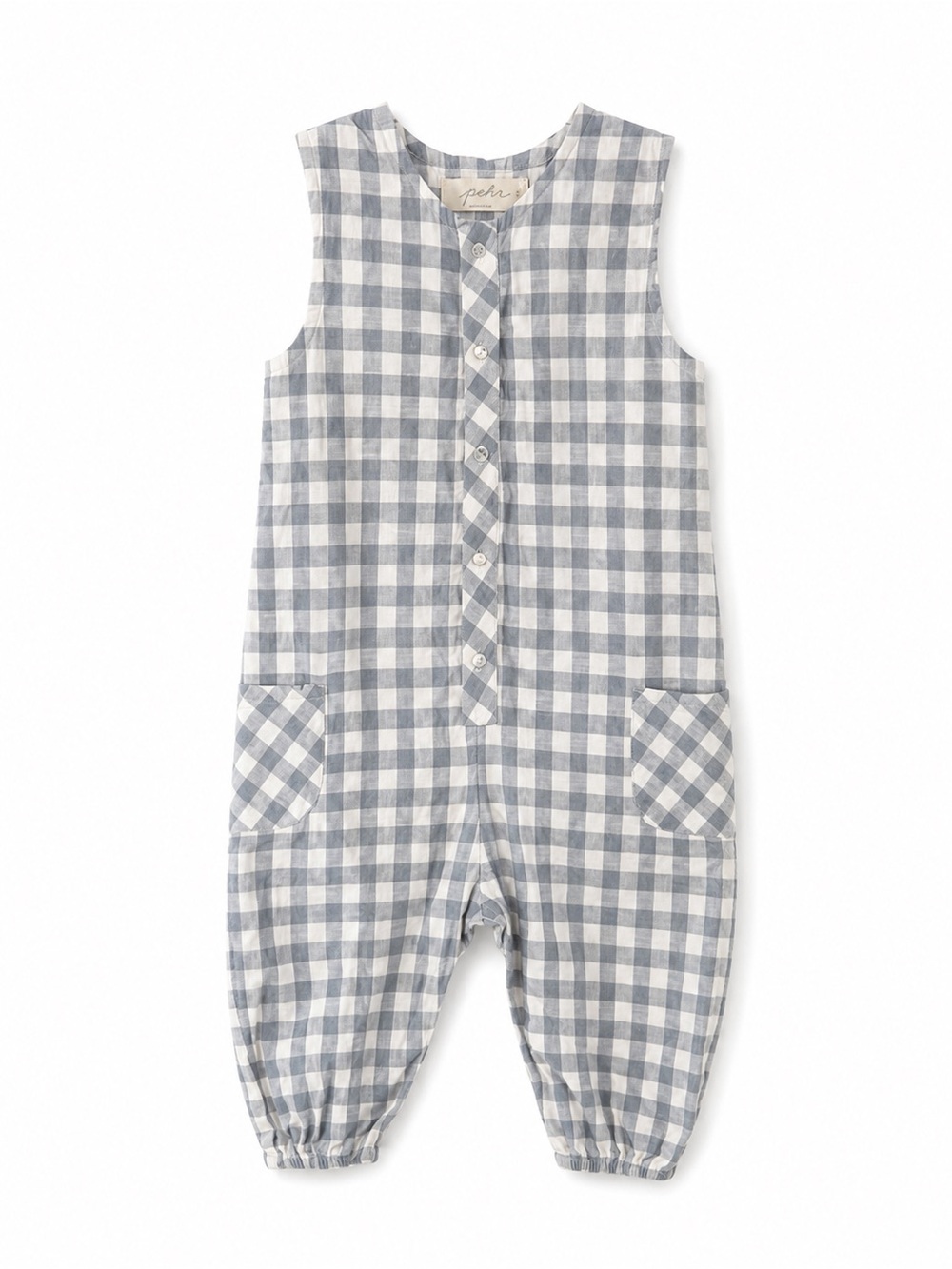Pehr 3-6M Organic Cotton Gingham Romper Blue White Bubble Overalls